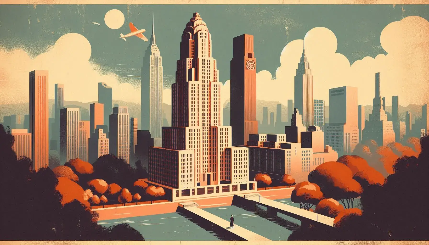 The results of the AI image prompt: "A retro-style travel poster with muted colors and slightly worn edges. Feature a landmark in a mid-century modern illustration style."