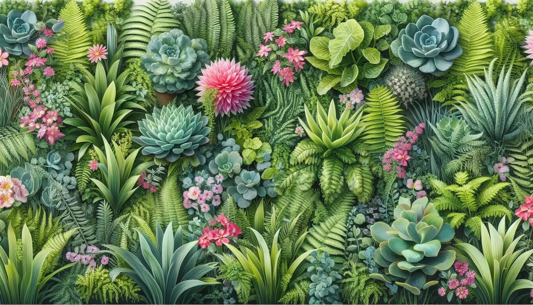 The results of the AI image prompt: "A lush, vertical garden wall with a variety of ferns, succulents, and flowering plants. Use a vibrant green color palette with pops of pink and yellow flowers. Style should be realistic with a slight watercolor effect."