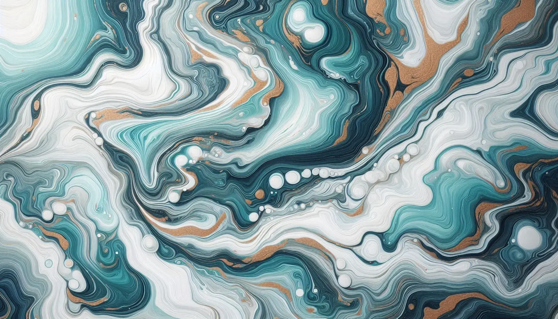 The results of the AI image prompt: "A fluid art design resembling marble or agate. Use swirling patterns in shades of blue, teal, and white with touches of metallic gold. The style should be organic and flowing."