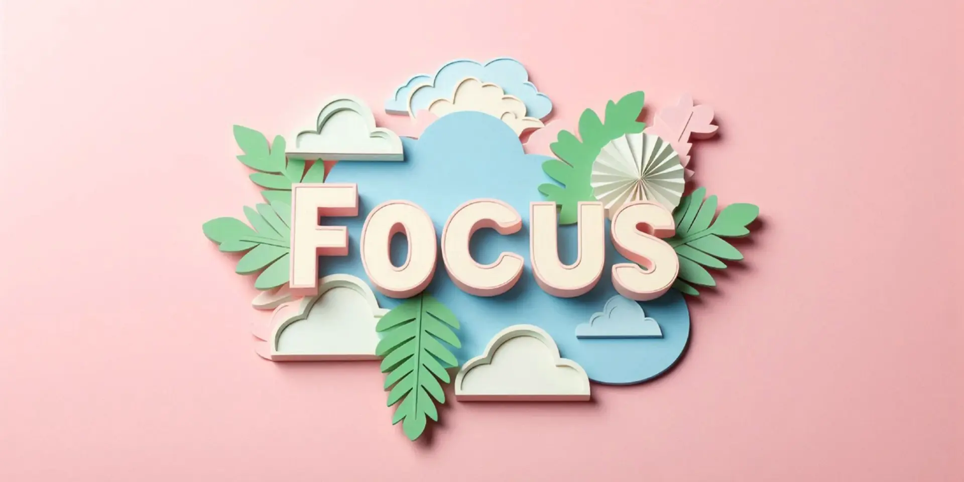 The word FOCUS in decorative papercraft style on a pink gradient background 