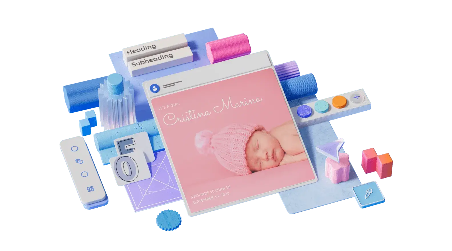 Vorlage "Geburtsankündigung", umgeben von 3D-dargestellten Designelementen