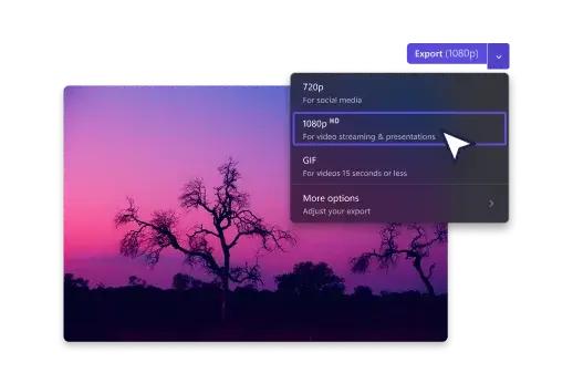 Exportálási lehetőségek Clipchampben egy naplementés tájkép videóhoz