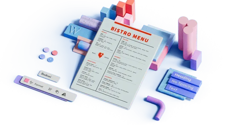 Bistroo menüü mall 3D kujunduselementidest ümbritsetuna