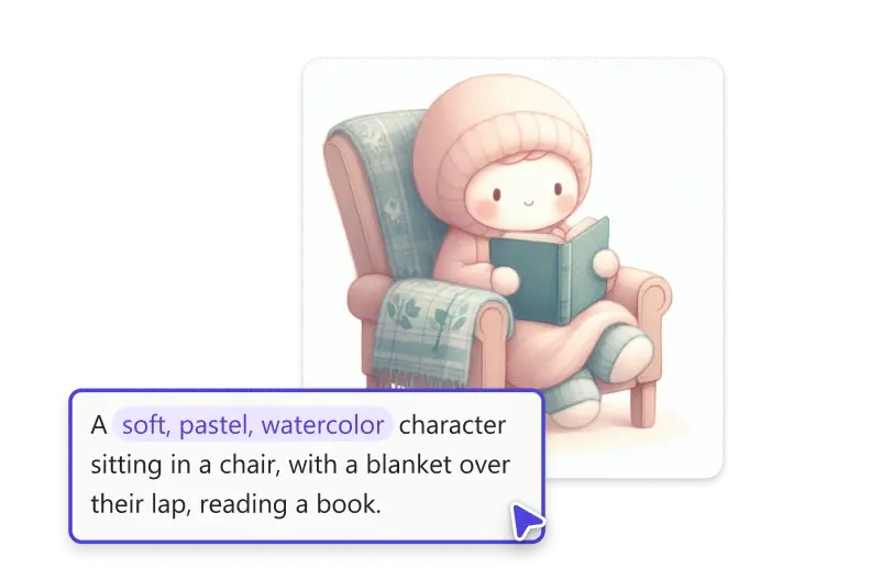 Švelnių, pastelinių akvarelės spalvų personažo, sėdinčio ant kėdės, su antklode ant kelių, skaitančio knygą, iliustracija