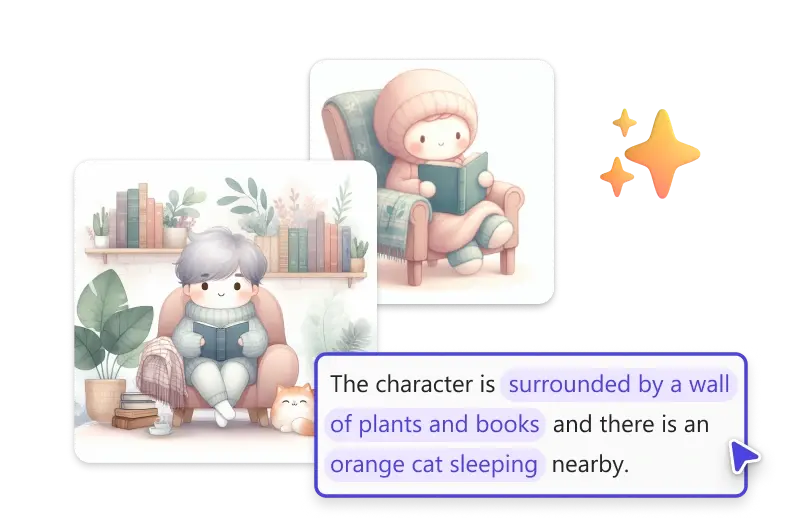 一幅一個柔弱、淡淺色和水彩人物坐在椅子上，椅子旁是一堵植栽和書籍的牆面，其中有一隻橙色貓咪的插圖