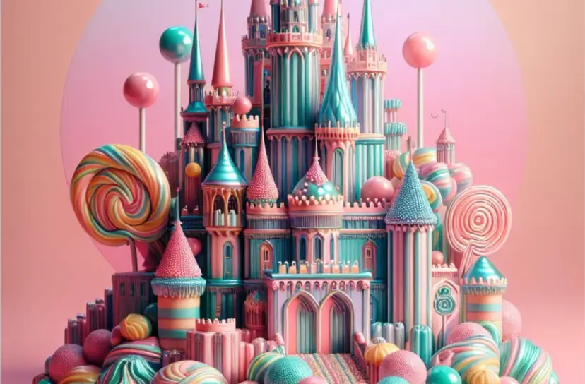 Un château fait de gommes à mâcher et de sucettes sur un fond rose, en hyper-surréalisme 3D, brillant, métallique, couleurs pastel