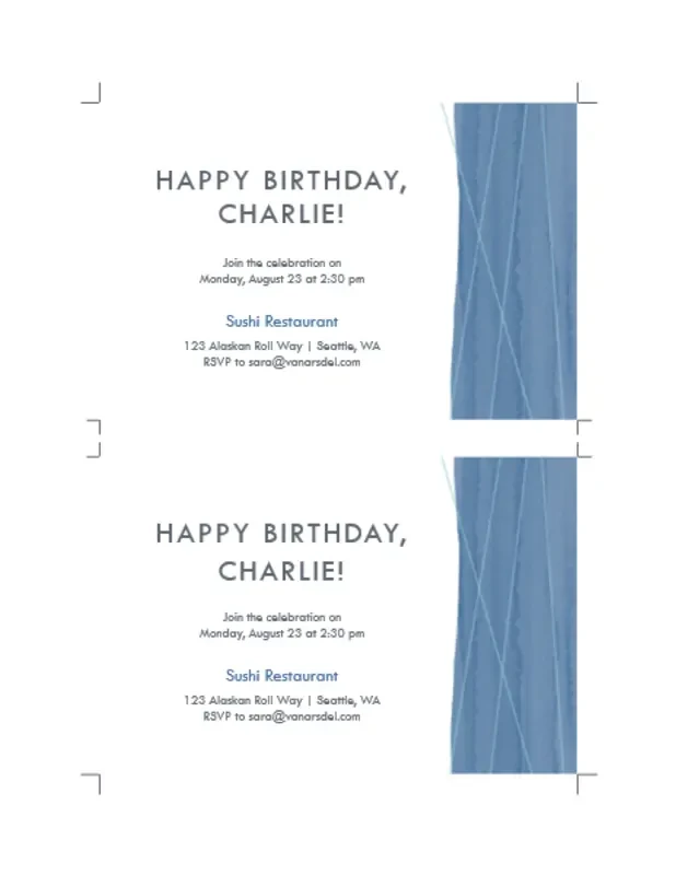Blue ribbon party invitations (two per page) organic simple