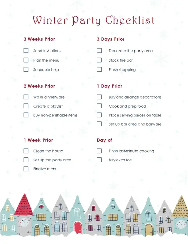 Winter holiday party checklist blue whimsical color block