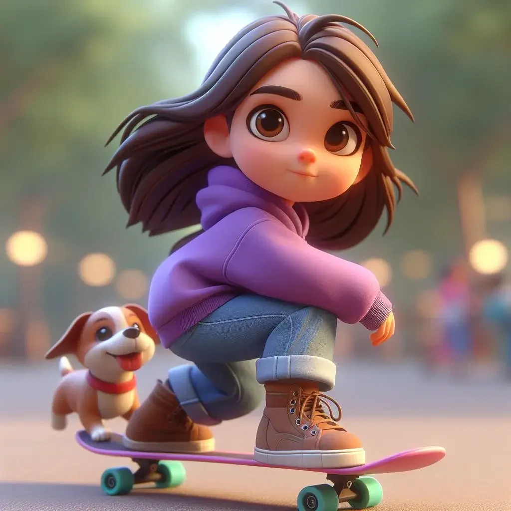 Een meisje op een skateboard terwijl ze haar hond uitlaat. Het meisje draagt een paarse sweater, een wijde spijkerbroek en laarzen. Ze heeft expressieve, ronde bruine ogen en een vastberaden blik. De achtergrond is een onscherp park en het meisje is in een 3d geïllustreerde animatiestijl.