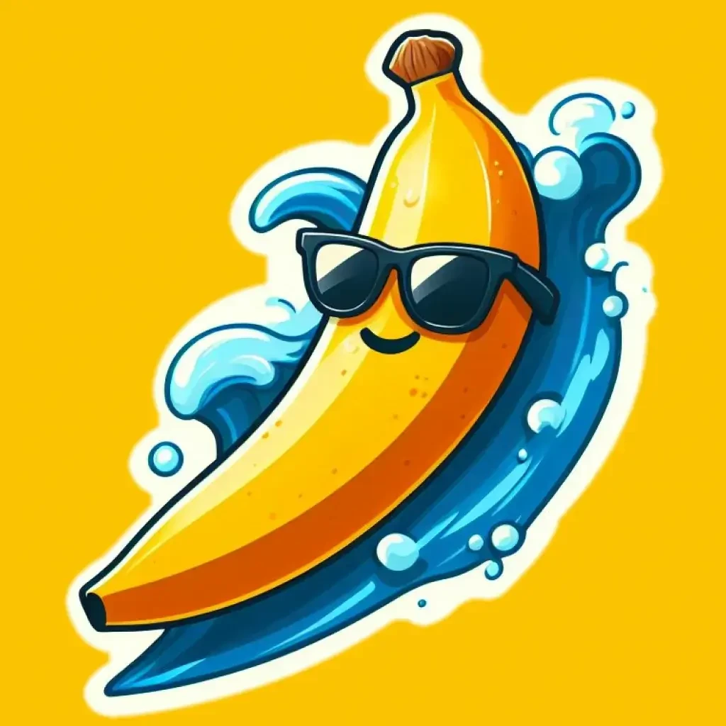 Eine Banane mit Sonnenbrille, die auf einer blauen Welle surft.