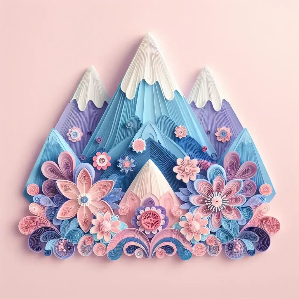 Vue de face d'une montagne avec des éléments décoratifs floraux, style de quilling en papier, dans des couleurs rose pastel, bleu et violet.
