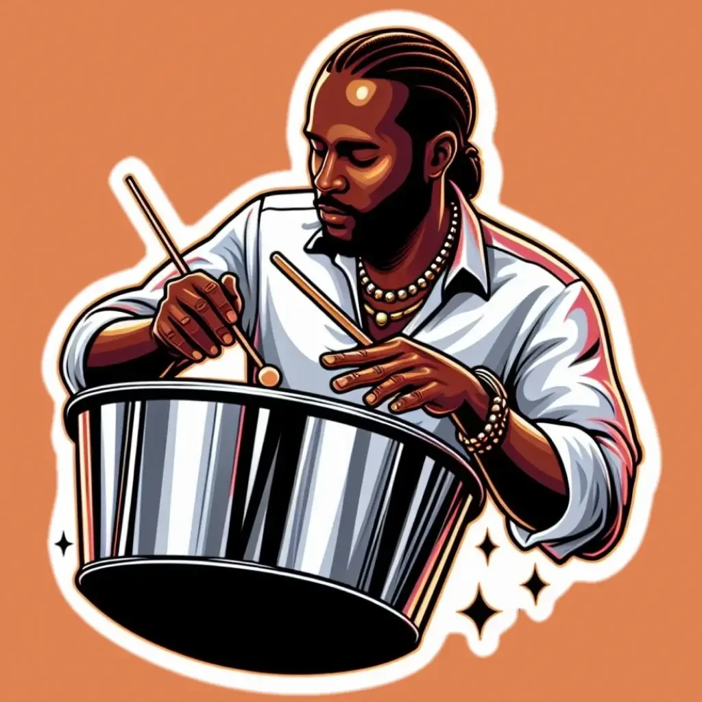 Illustratie van een man die een versierde steelpan drum bespeelt.