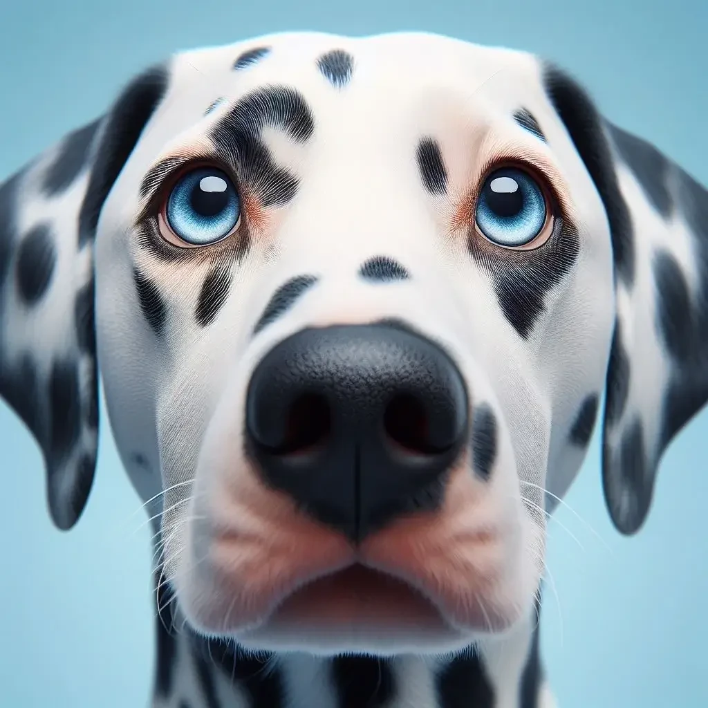 Een macro, gedetailleerd portret van het gezicht van een Dalmatische hond die recht voor zich uit staart met helderblauwe ogen op een effen pastelblauwe, onscherpe achtergrond. Het portret is realistisch met studioverlichting.