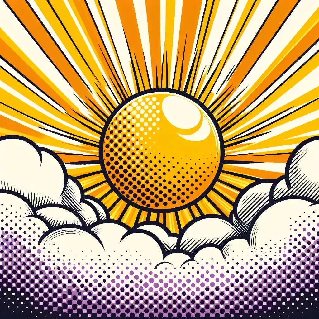 Un sol amarillo con rayos naranjas se eleva sobre nubes blancas y púrpuras en un estilo pop art. Debe haber un efecto de semitonos y una impresora de pantalla. Los rayos naranjas se extienden hacia fuera y rellenan el fondo.