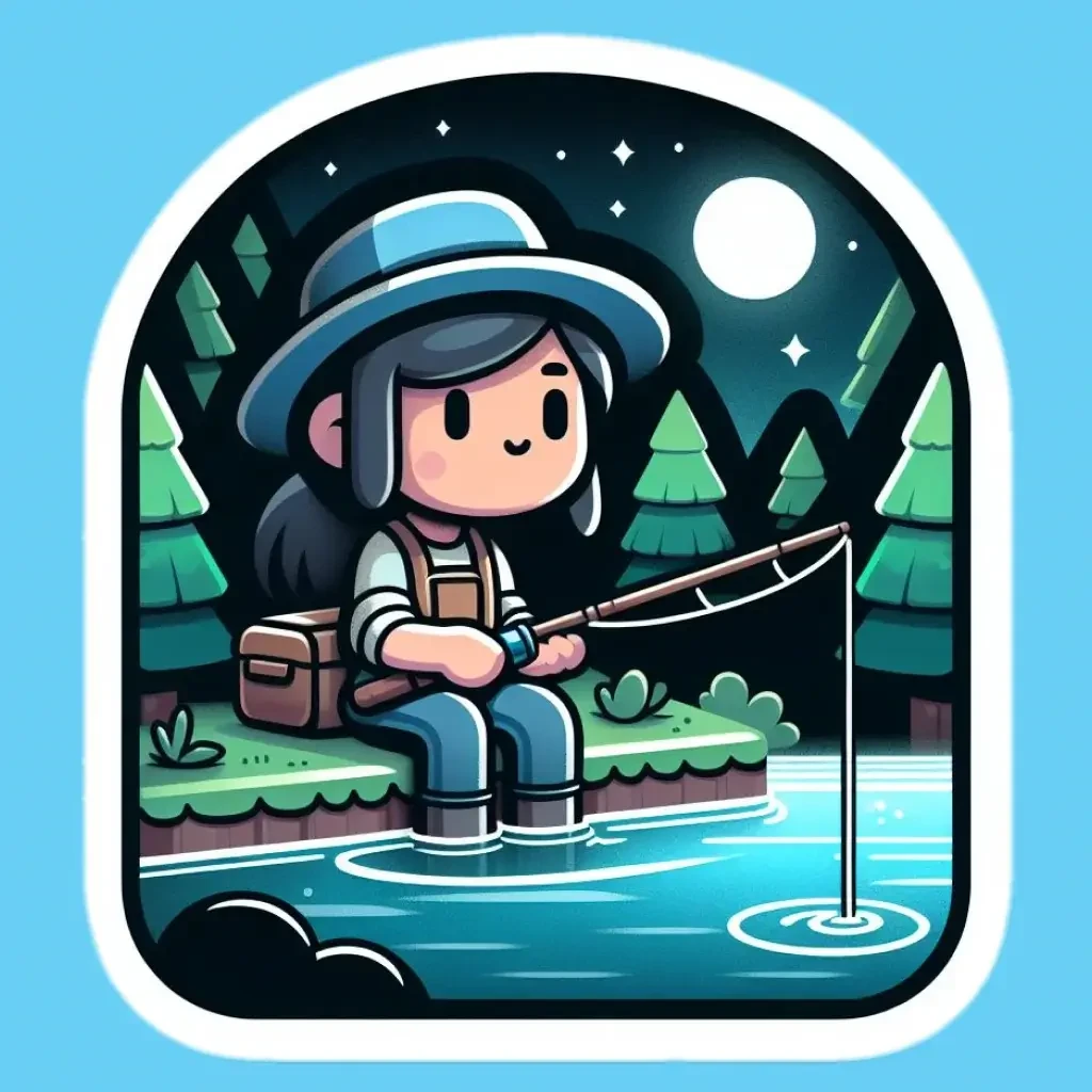 Vrouw in cartoonstijl met een blauwe hoed, vissend op een rivier bij een bos.