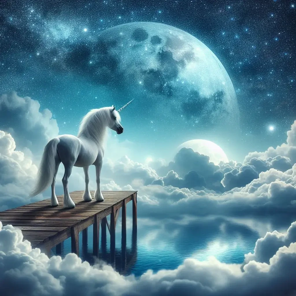 Een eenhoorn staat op een houten pier en kijkt uit over wolken onder en een sterrenhemel boven hem.