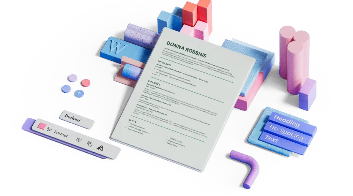A well-designed ATS-friendly resume surrounded by decorative 3D elements