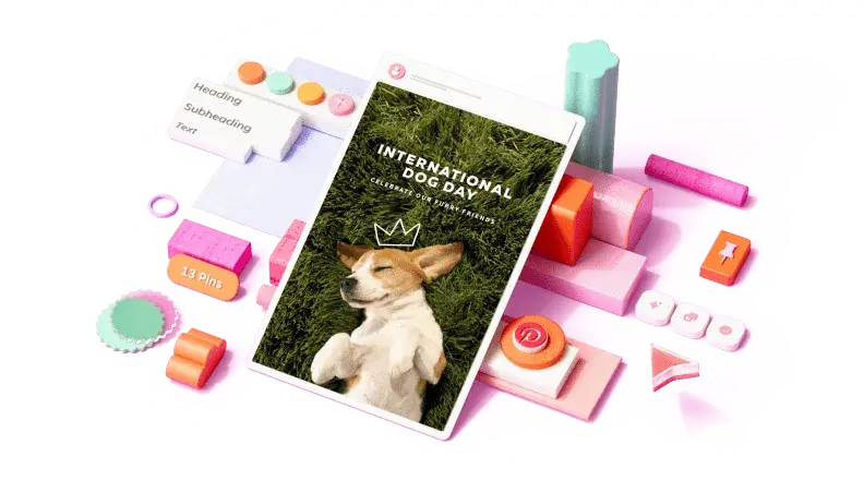 A design for International Dog Day, surrounded by 3D elements