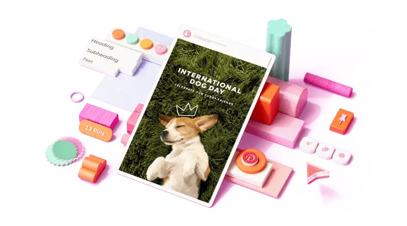 Un diseño para el Día Internacional del Perro, rodeado de elementos 3D