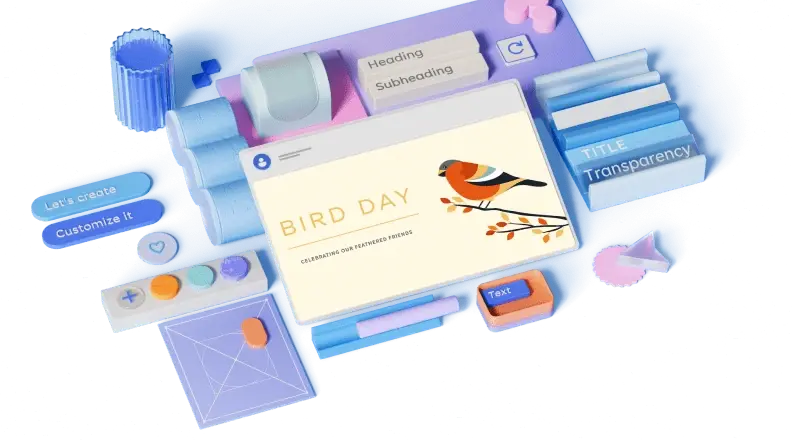 A social media graphic that says "BIRD DAY" with a bird on it, surrounded by 3D elements