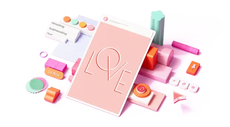 A coral-colored card that says "LOVE" surrounded by 3D elements