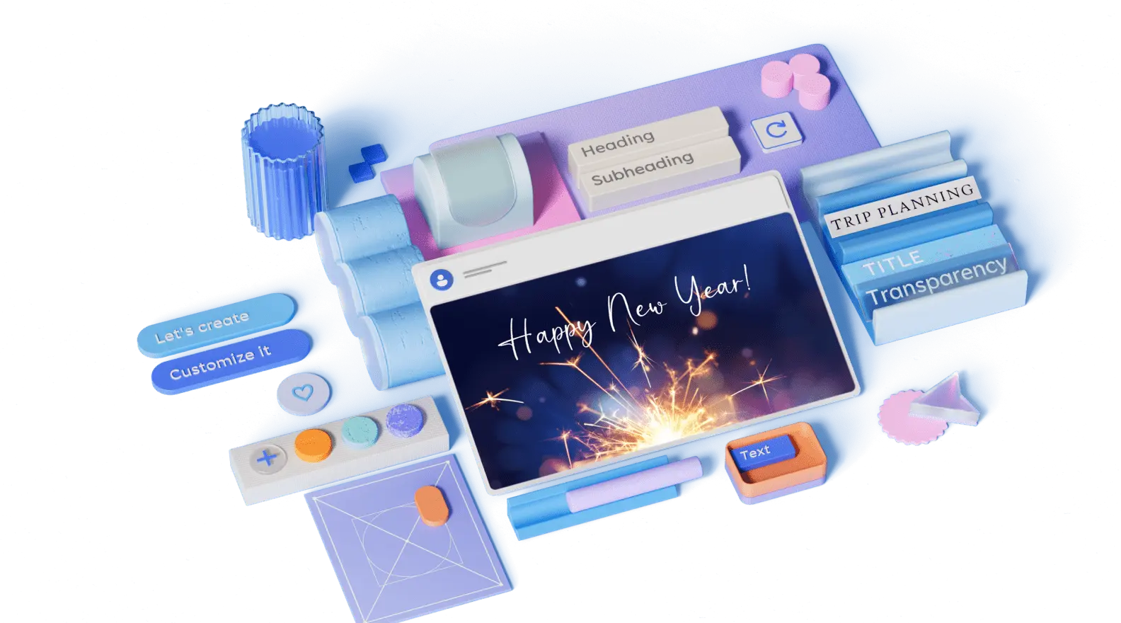Szablon z fajerwerkami i życzeniami szczęśliwego nowego roku otoczony elementami projektu 3D