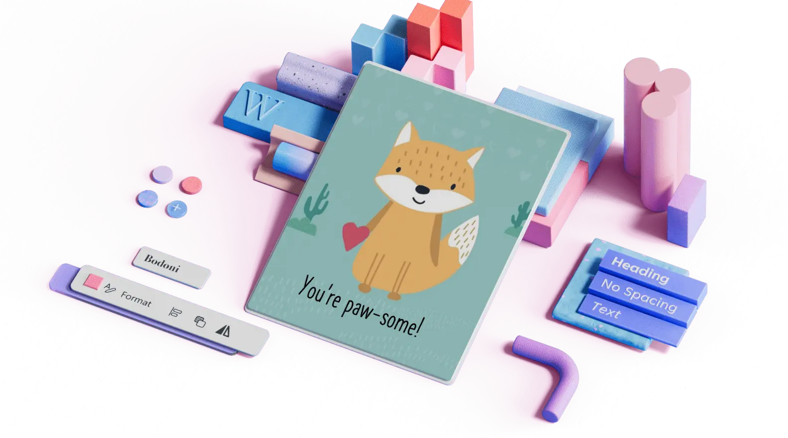 Plantilla de tarjeta de San Valentín ilustrada con un simpático animal rodeado de elementos de diseño en 3D