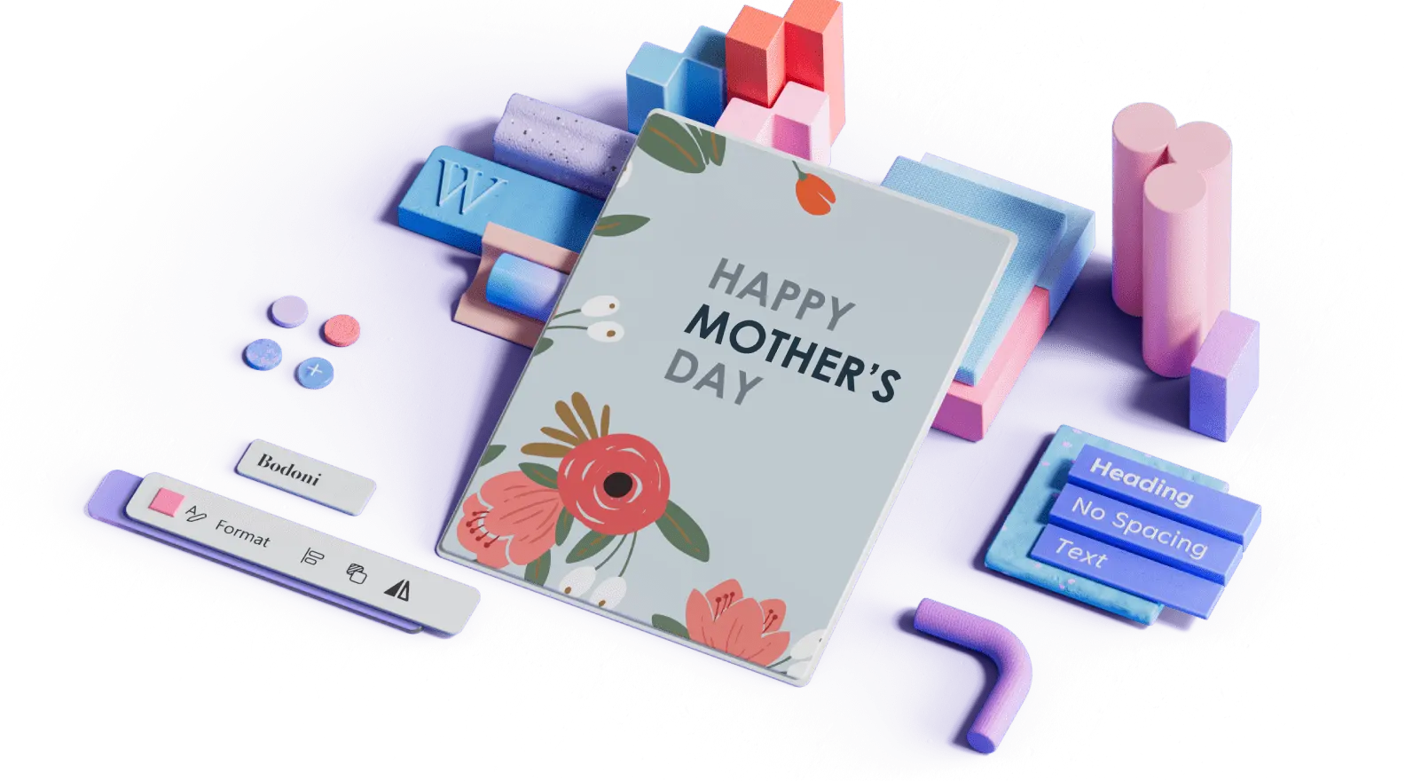 Флорален шаблон за Деня на майката, заобиколен от 3D елементи на дизайна