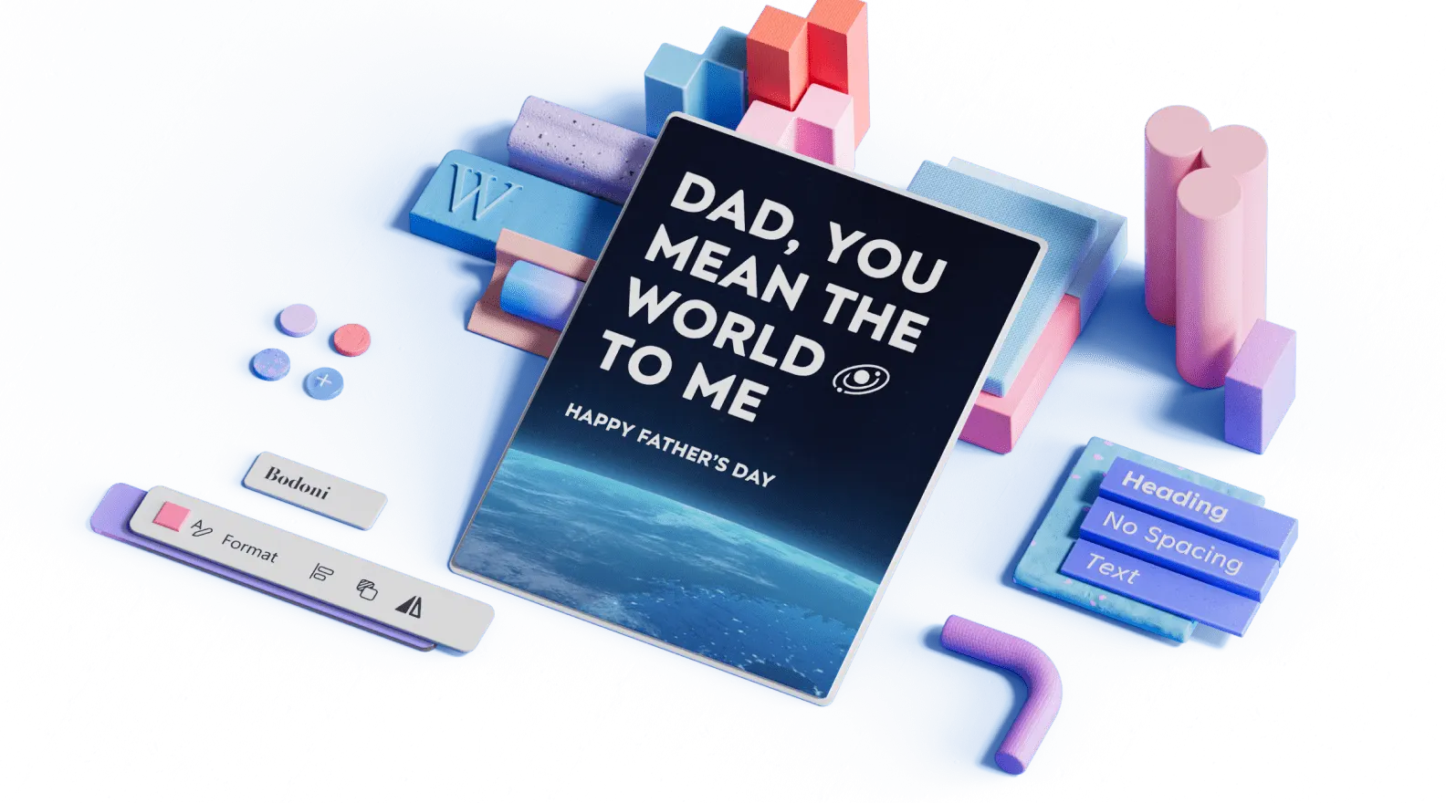 Happy Father's Day template surrounded by 3D design elements