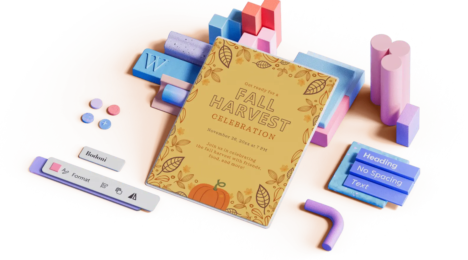Fall harvest template surrounded by 3D design elements