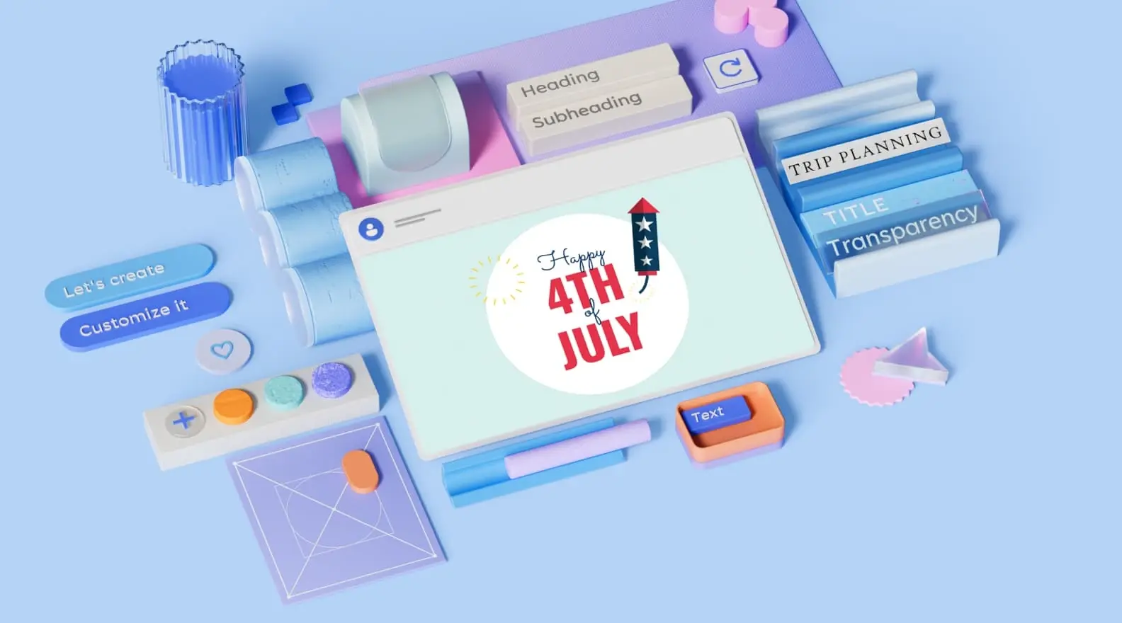 Fourth of July template surrounded by 3D design elements