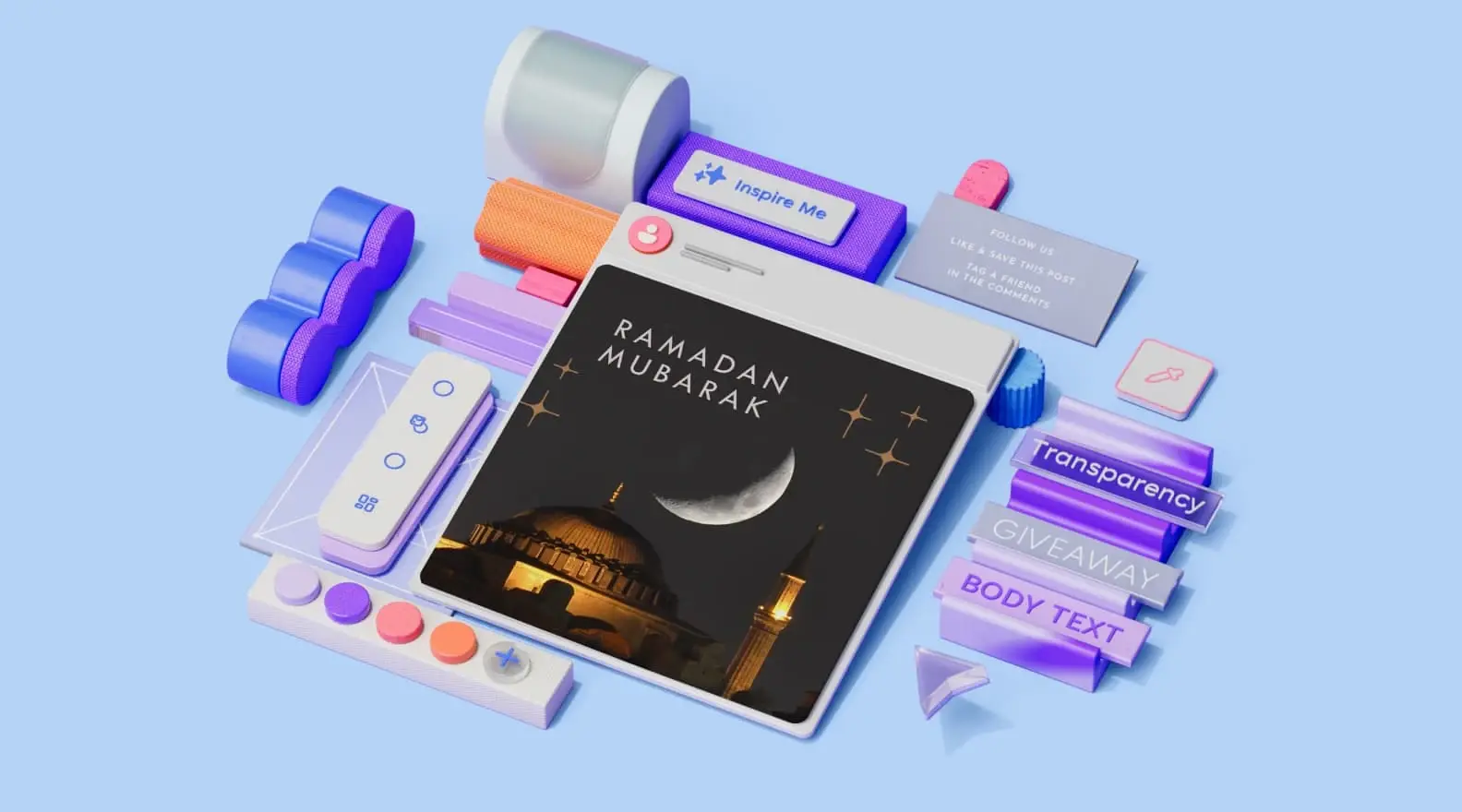 Ramadan Mubarak template surrounded by 3D design elements