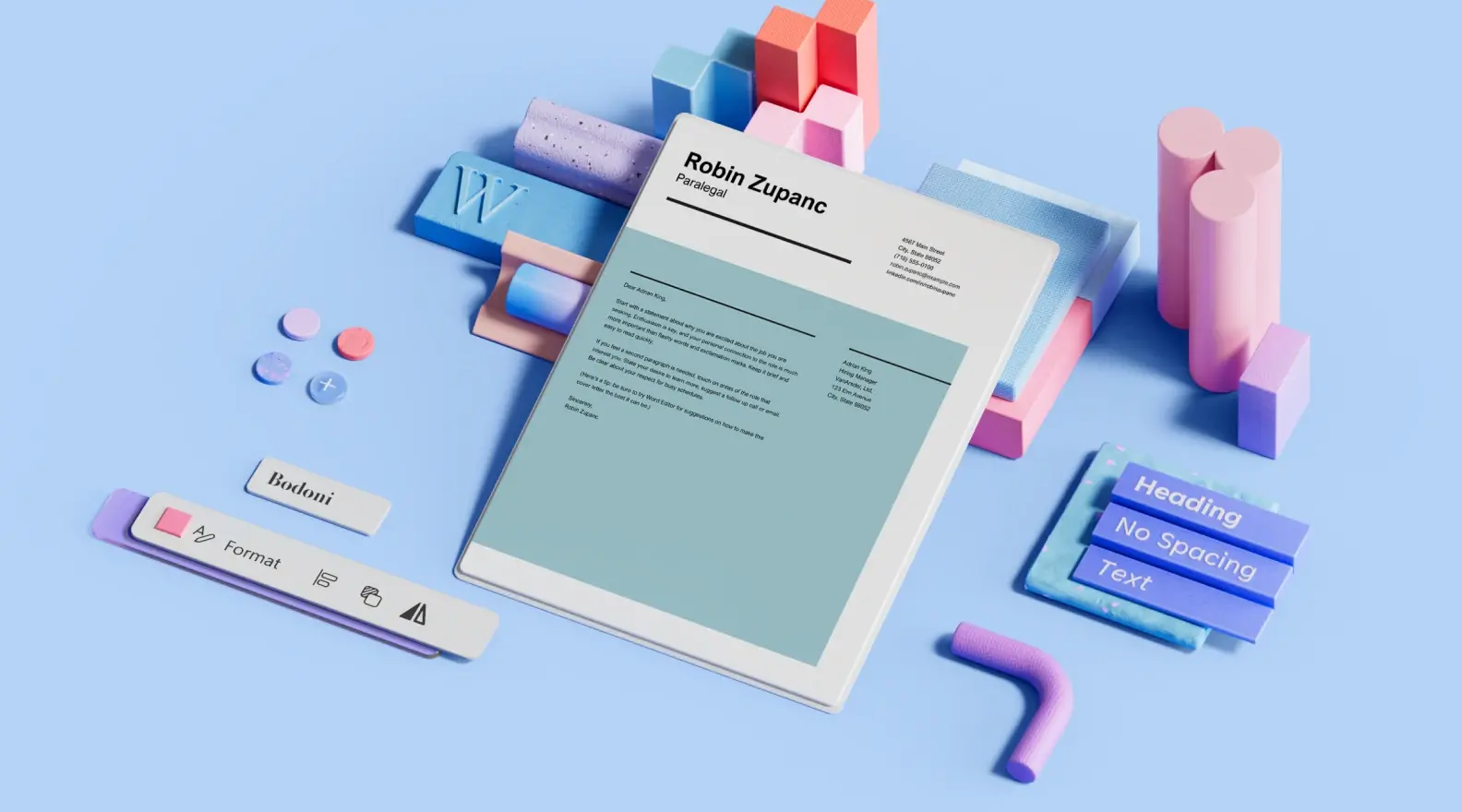 Modello di lettera di presentazione arricchito con elementi di design in 3D