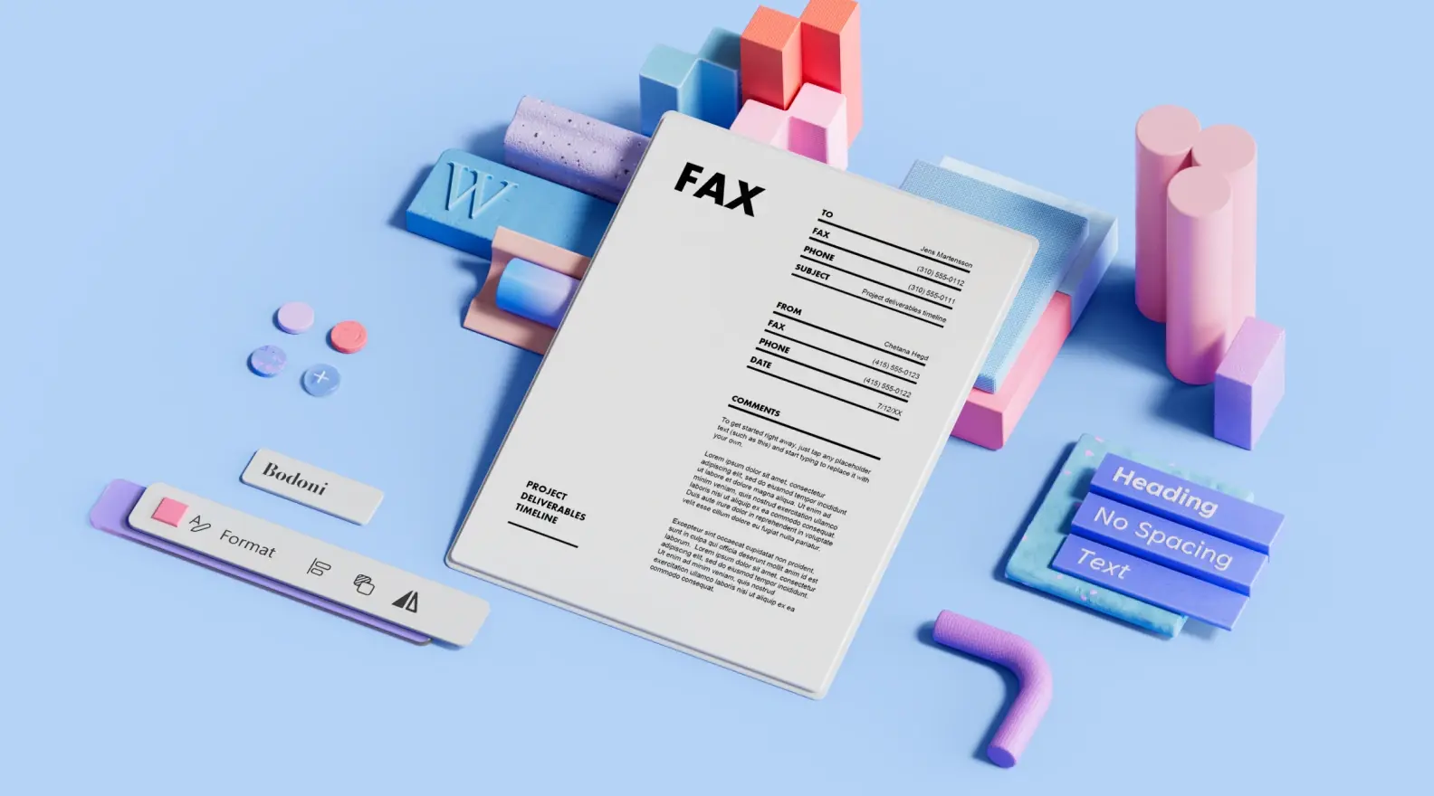 Šablona titulní stránky faxu obklopená prvky 3D návrhu