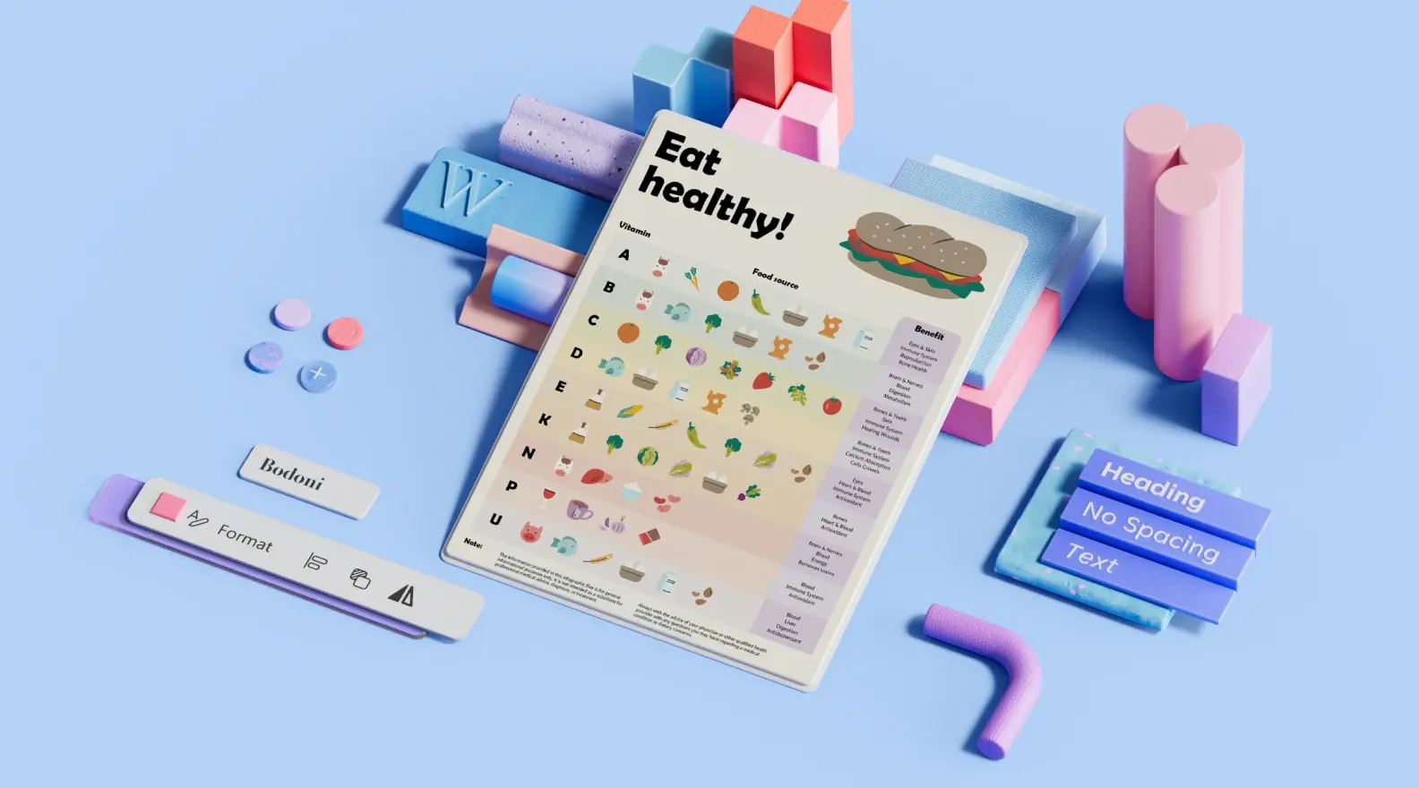 Sjabloon voor posters over het eten van gezond voedsel, omgeven door 3D-ontwerpelementen