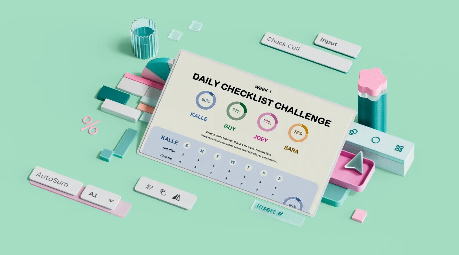 Mall med checklista för att hålla daglig koll på hälsan, omgiven av 3D-designelement