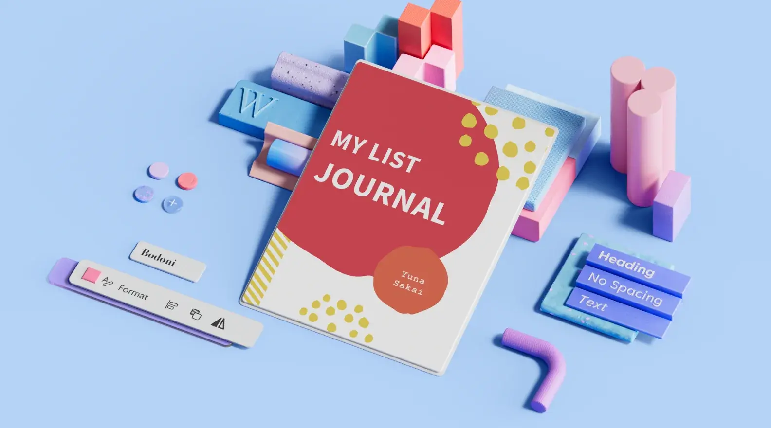 Шаблон за списание в стил „списък“, заобиколен от 3D елементи на дизайна