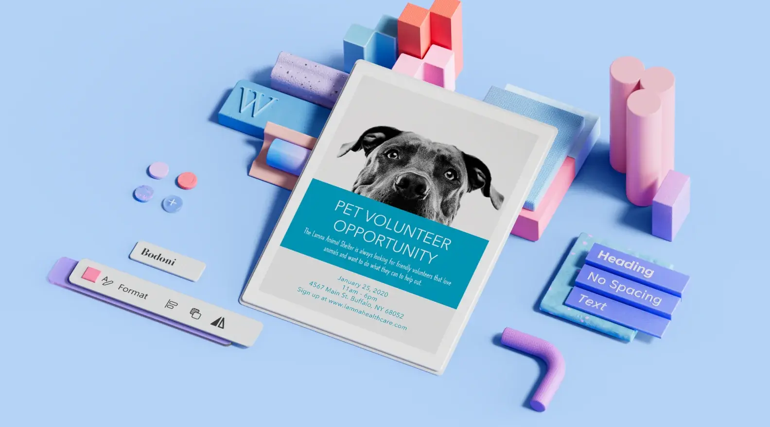 Pet shelter volunteer flyer template surrounded by 3D design elements