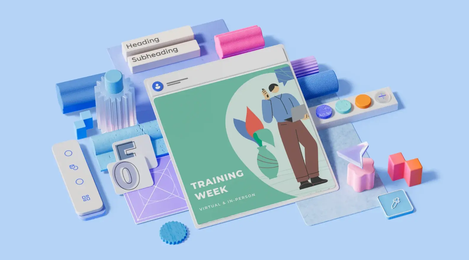 Training week template surrounded by 3D design elements