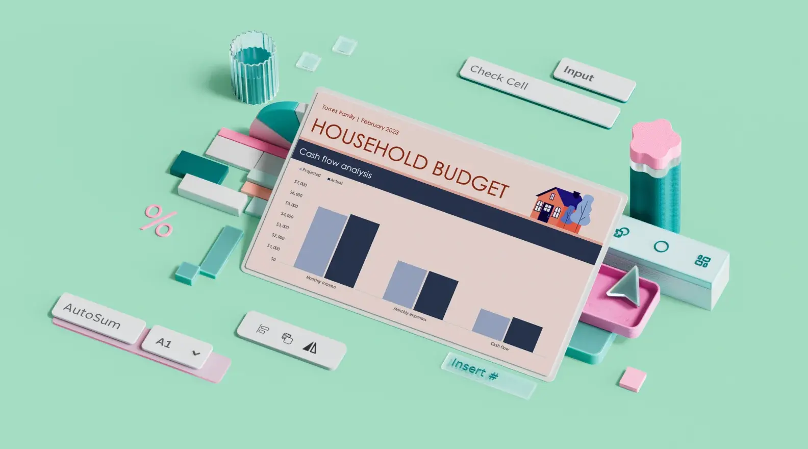 Plantilla de Microsoft Excel de presupuesto familiar rodeada de elementos de diseño en 3D