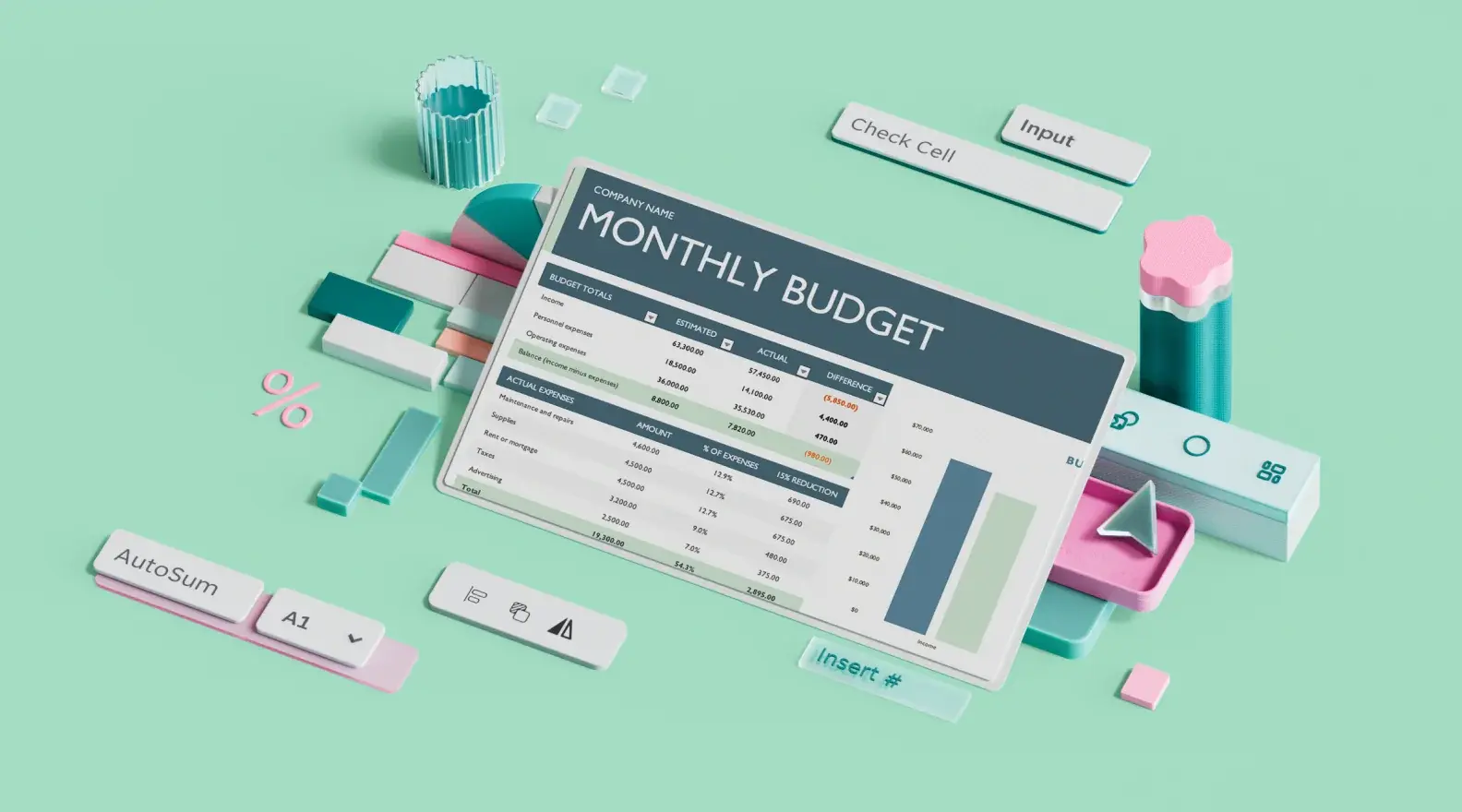 Microsoft Excel-skabelon til månedligt erhvervsbudget, omgivet af 3D-designelementer