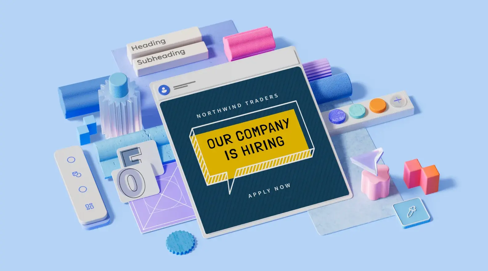 Sjabloon met sociale post 'Our company is hiring', omgeven door 3D-ontwerpelementen