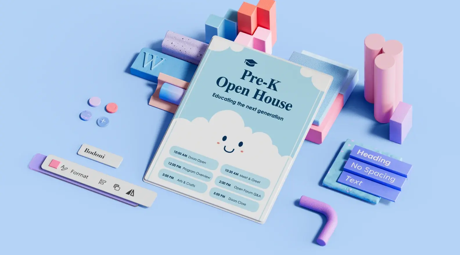 Plakatmal for åpent hus i barnehagen, omgitt av 3D-utformingselementer