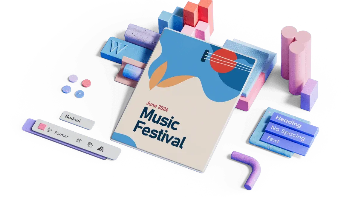poster pentru un festival de muzică, cu o chitară albastră în partea de sus 