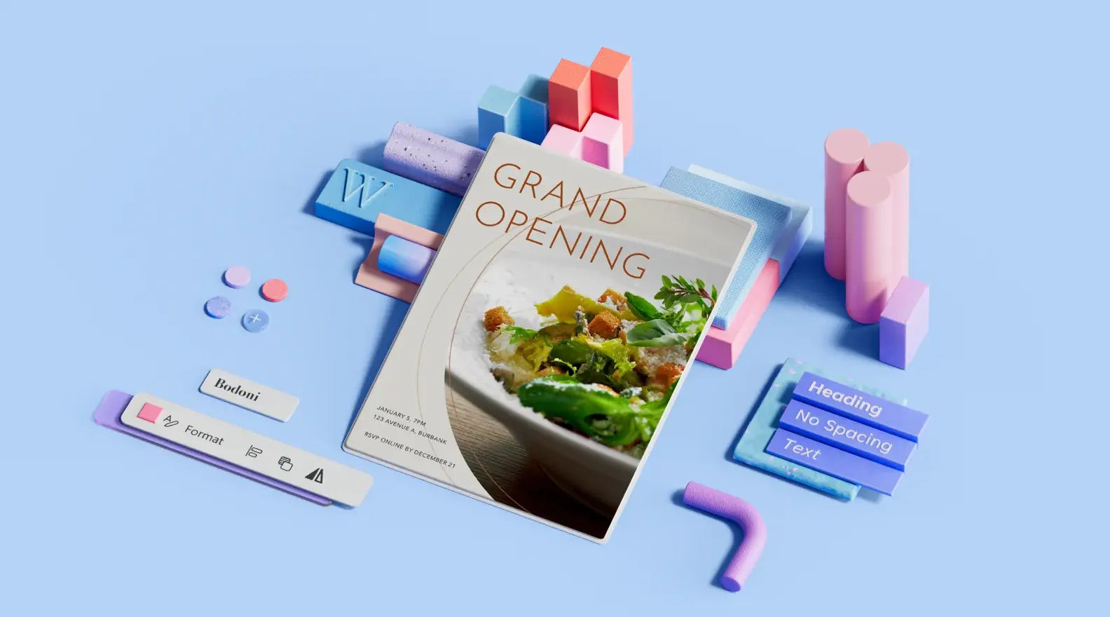 Grand opening poster template surrounded by 3D design elements