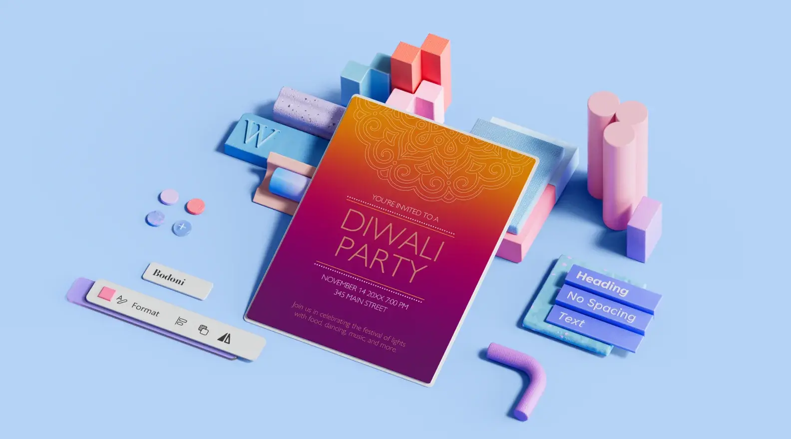 Шаблон за листовка за парти по случай Дивали, заобиколен от 3D елементи на дизайна