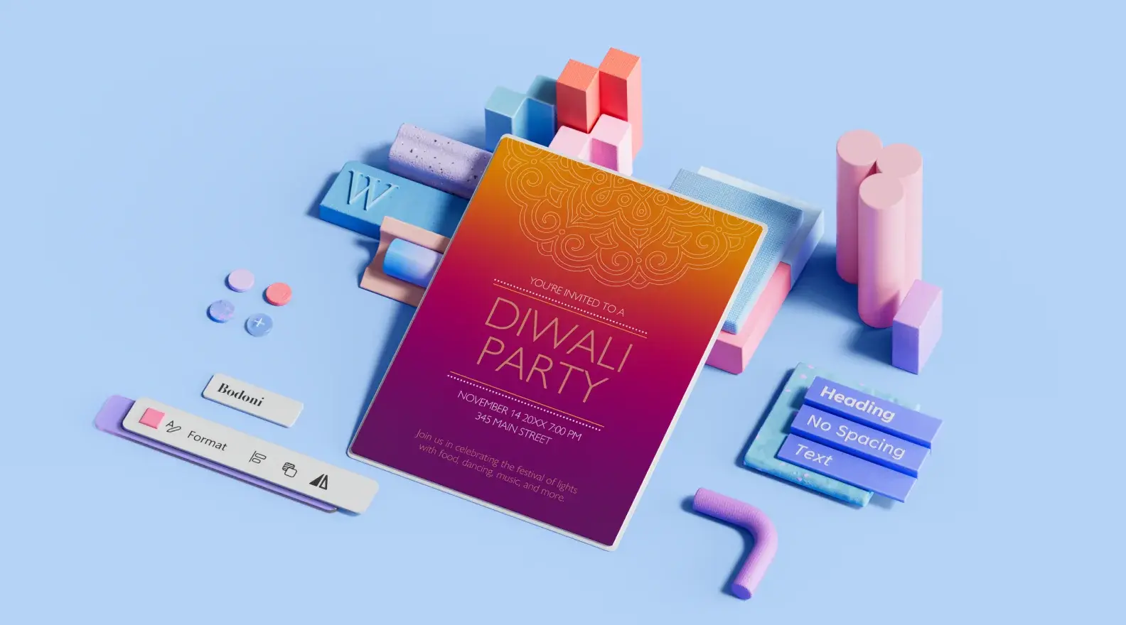 Plakatskabelon til Diwali-fest omgivet af 3D-designelementer