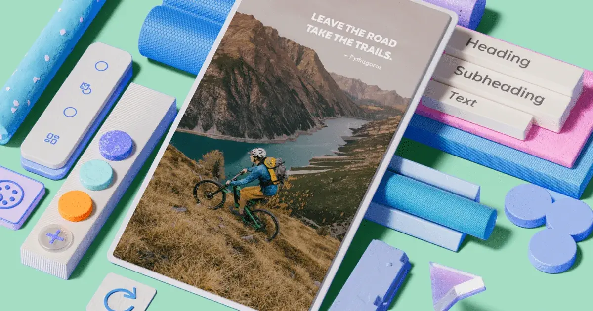 плакат із чоловіком, яким їде на велосипеді гірським схилом над річкою