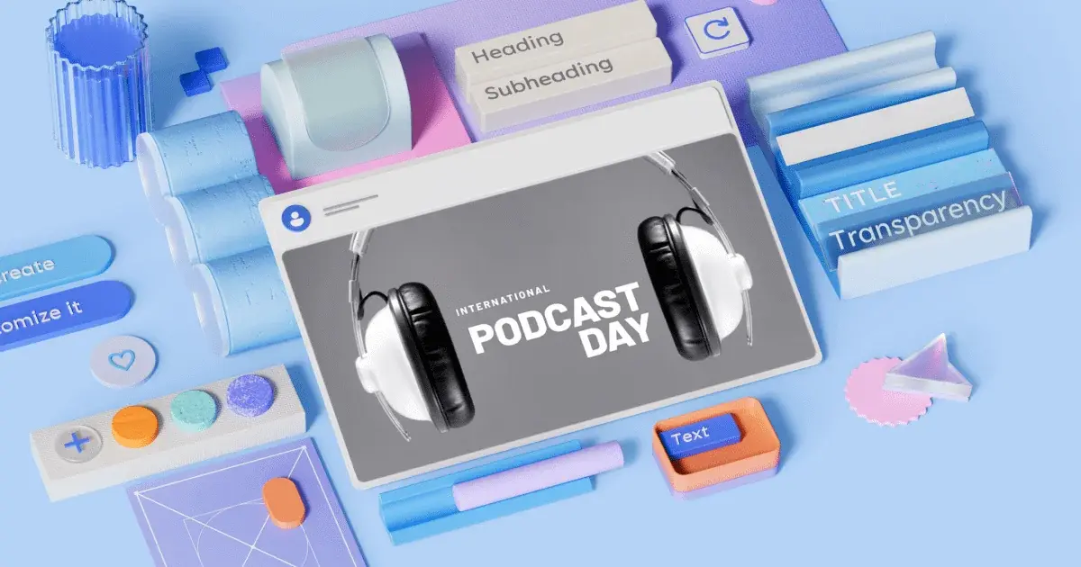 social post of black and white headphones enclosing international podcast day heading