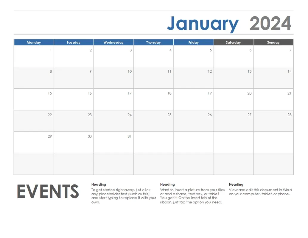Horizontal calendar (Monday start) blue modern-simple